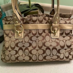 COACH F14696 SIGNATURE BEIGE CANVAS LEATHER BAG
